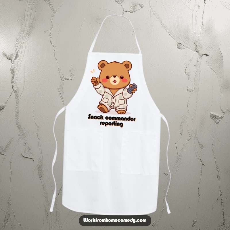 Funny brown bear in pajamas holding a remote control on an apron, ready to oversee kitchen duties with humorous authority.