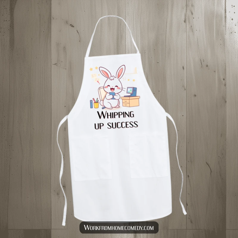 Funny Rabbit Apron: A playful rabbit multitasking between video calls and tidying, a humorous kitchen accessory.