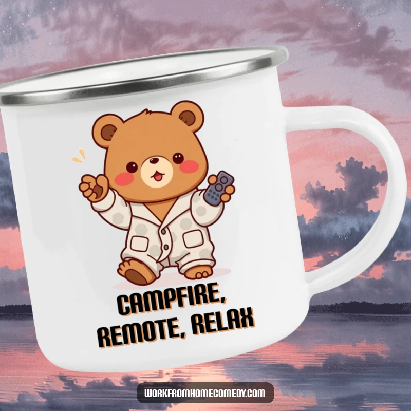 Funny brown bear in pajamas holding a remote control on a camping mug, ready to command the great outdoors with humor.