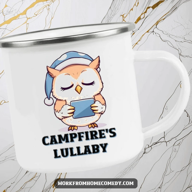 Funny owl wearing a nightcap, dozing off while holding a tablet on a camping mug, perfect for sleepy stargazing and browsing.