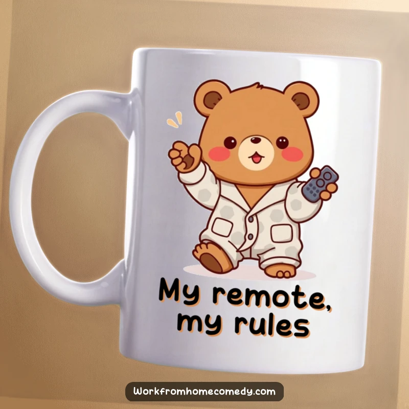 Funny brown bear in pajamas enthusiastically holding a remote control and gesturing on a mug, symbolizing ultimate relaxation and TV control.
