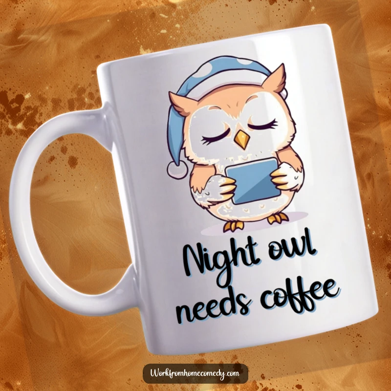 Funny owl wearing a nightcap, nodding off while holding a tablet on a mug, representing sleepy screen time and digital exhaustion.