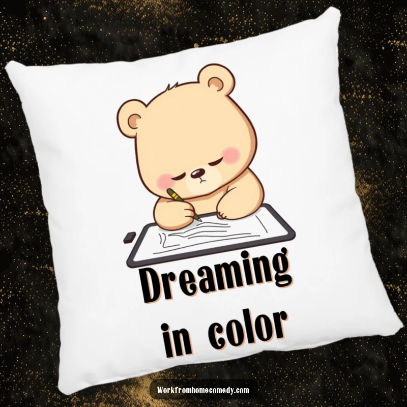Funny Bear Pillow: A determined bear intently sketching on a digital tablet, a soft and humorous decorative item.