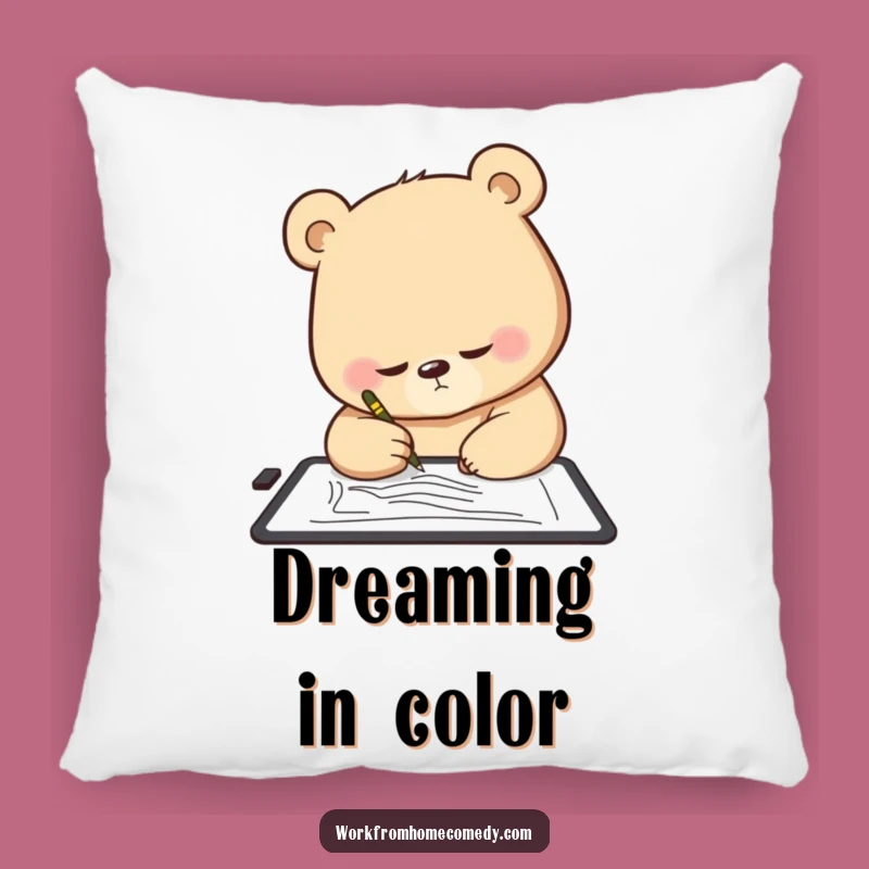 Funny Bear Artist Pillow: Soft cushion featuring a sketching bear, ideal funny gift for relaxation.