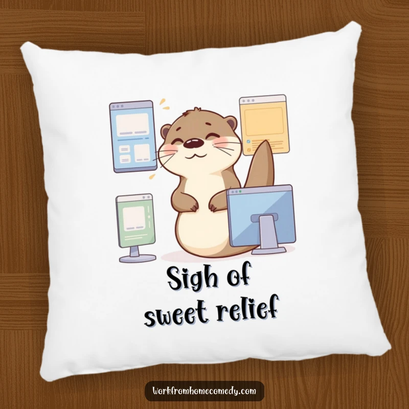 Funny Otter Pillow: A busy otter gliding between virtual windows with a contented sigh, a soft and humorous item.