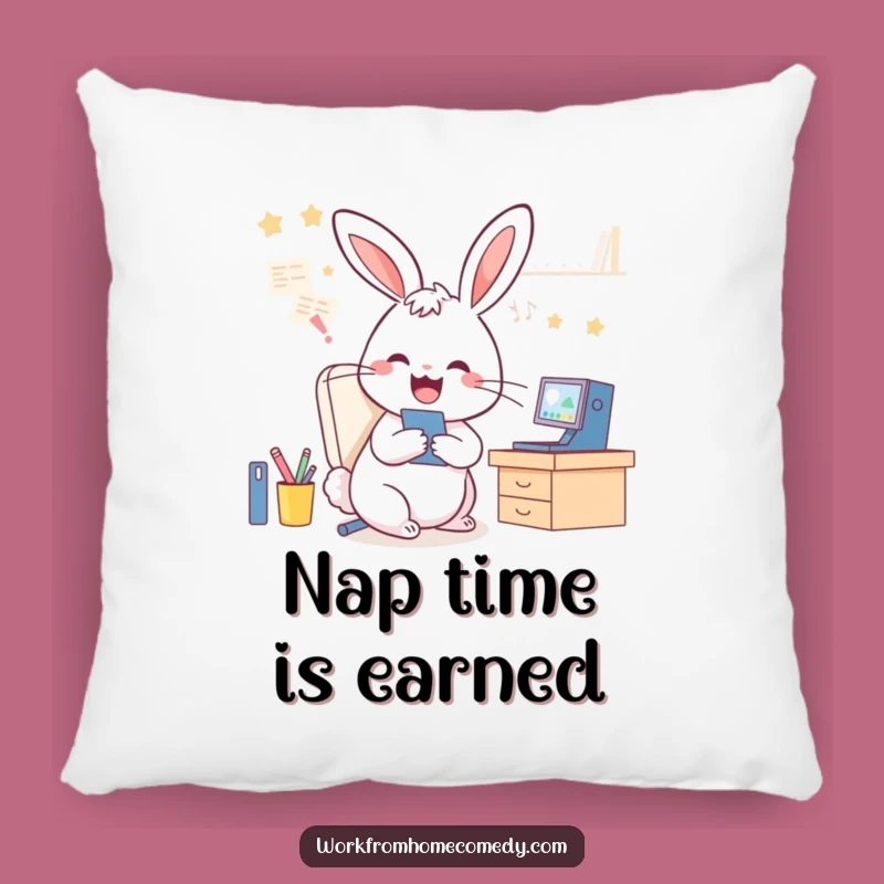 Funny Rabbit WFH Pillow: Soft cushion featuring a multitasking bunny, ideal funny gift for relaxation.