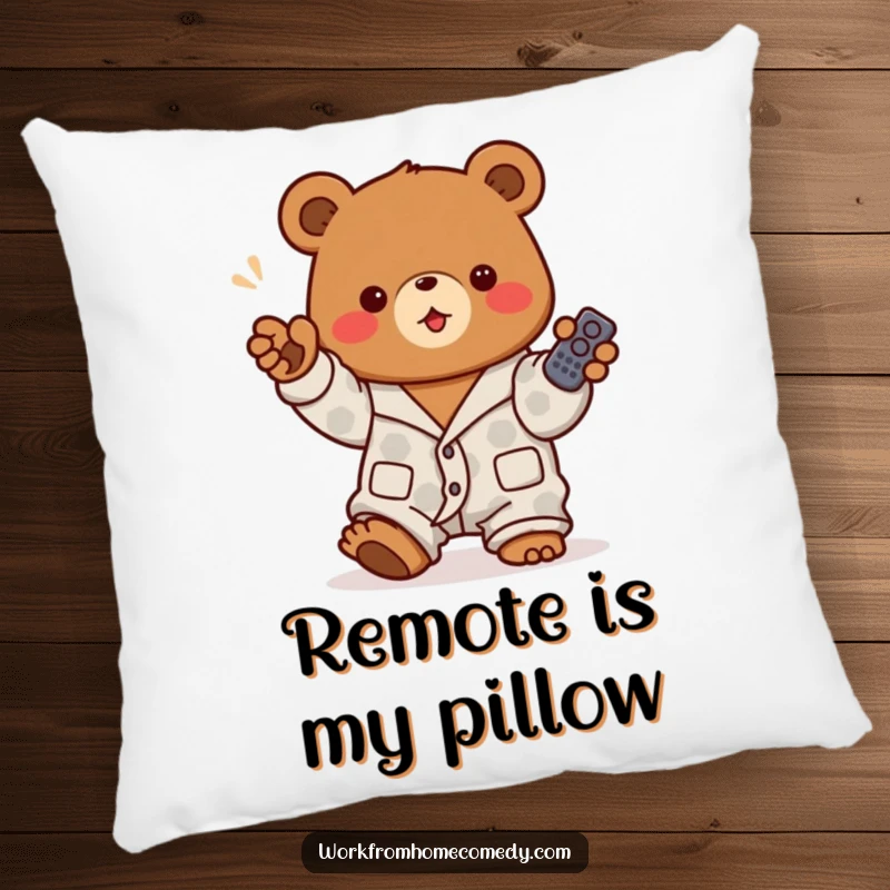 Funny brown bear in pajamas enthusiastically holding a remote control on a pillow, bringing comfort and TV command to any seating.