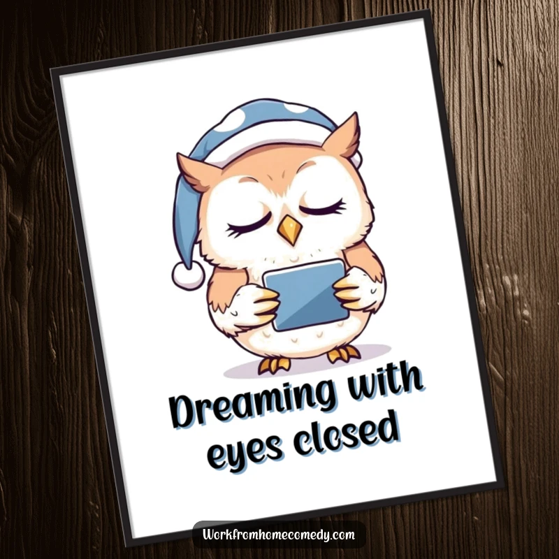 Funny sleepy owl wearing a nightcap, dozing off while holding a tablet, rendered as a digital art print for cozy tech decor.
