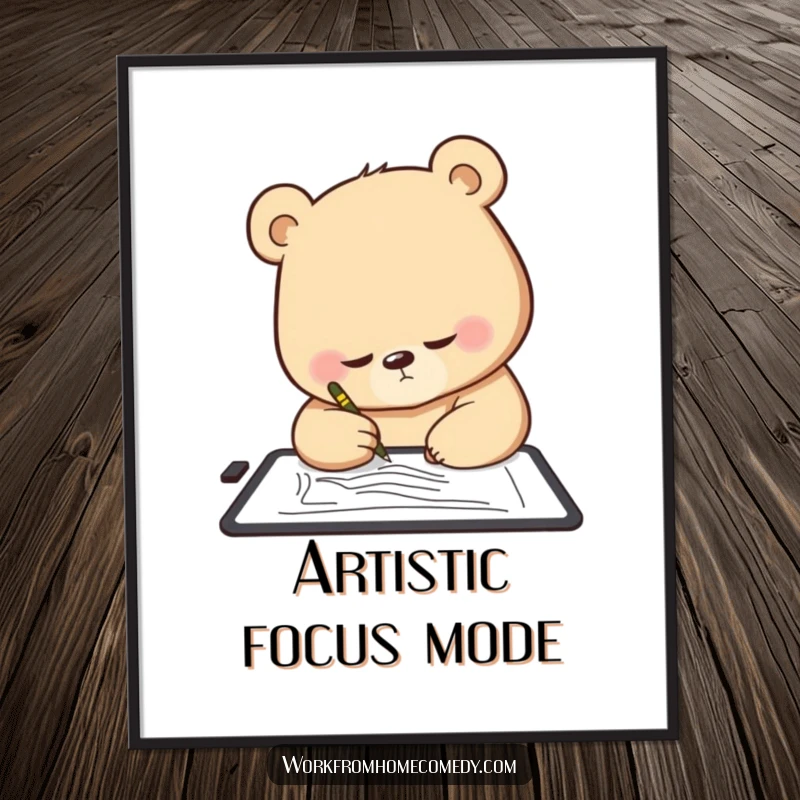 Funny Bear Digital Art Print: A determined bear intently sketches on a digital tablet, embodying artistic focus and humor.