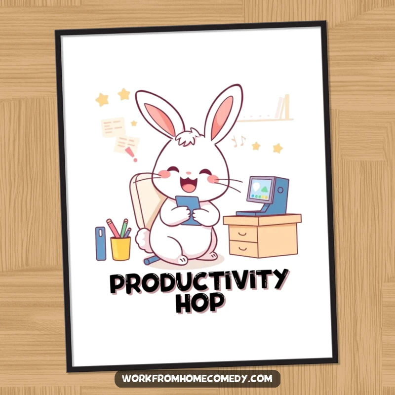 Funny Rabbit Digital Art Print: A rabbit cheerfully juggles video calls and tidying, embodying humorous WFH multitasking.