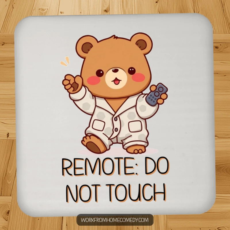 Funny brown bear in pajamas enthusiastically holding a remote control on a drink coaster, adding humor to beverage service.