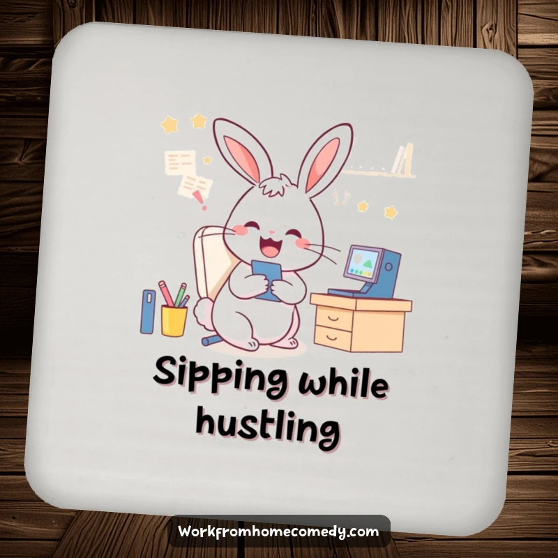 Funny Rabbit Coaster: A rabbit multitasking between video calls and tidying, a humorous and protective surface.