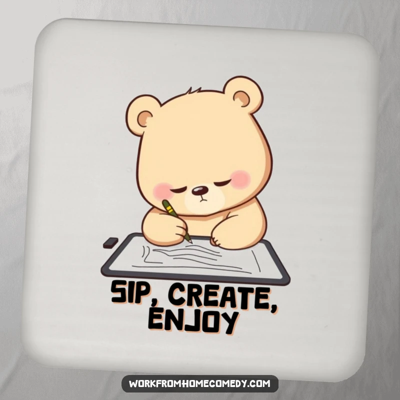 Funny Bear Coaster: A determined bear intently sketching on a digital tablet, a humorous and protective surface.