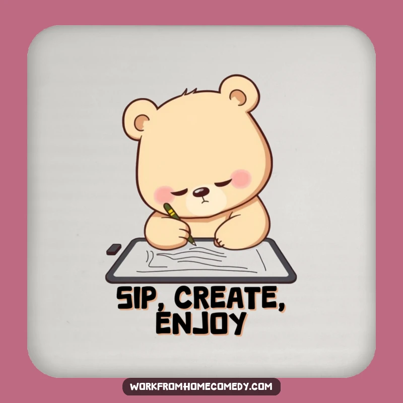 Funny Bear Artist Coaster: Protect surfaces with a sketching design, perfect funny gift.