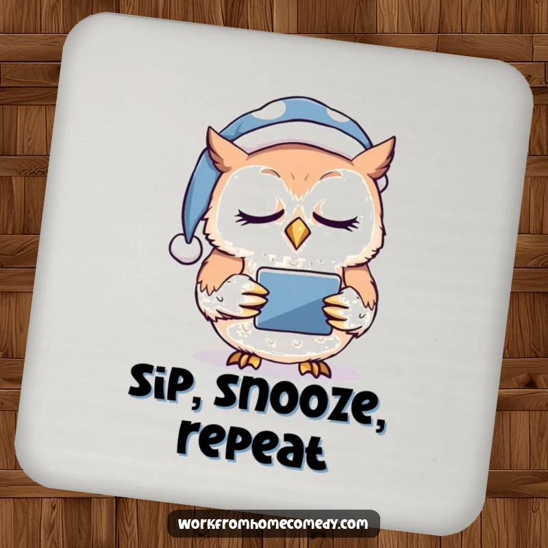 Funny owl in a nightcap nodding off while holding a tablet on a drink coaster, bringing sleepy humor to beverage service.