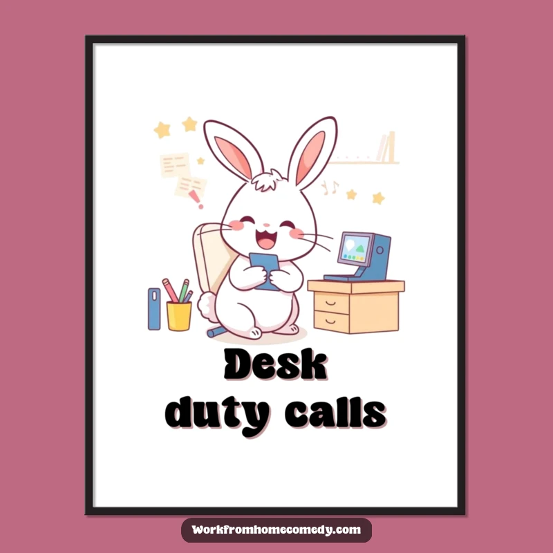 Funny Rabbit WFH Poster: Whimsical wall art, perfect funny gift for home office decorators.