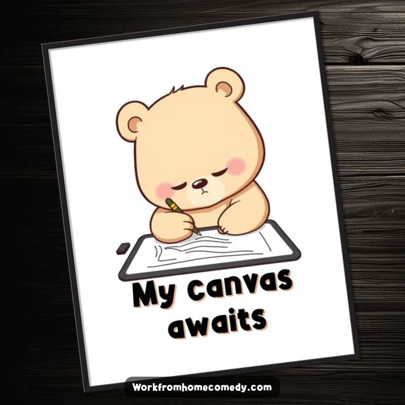 Funny Bear Poster: A focused bear intently sketches on a digital tablet with a determined expression, ideal art room decor.