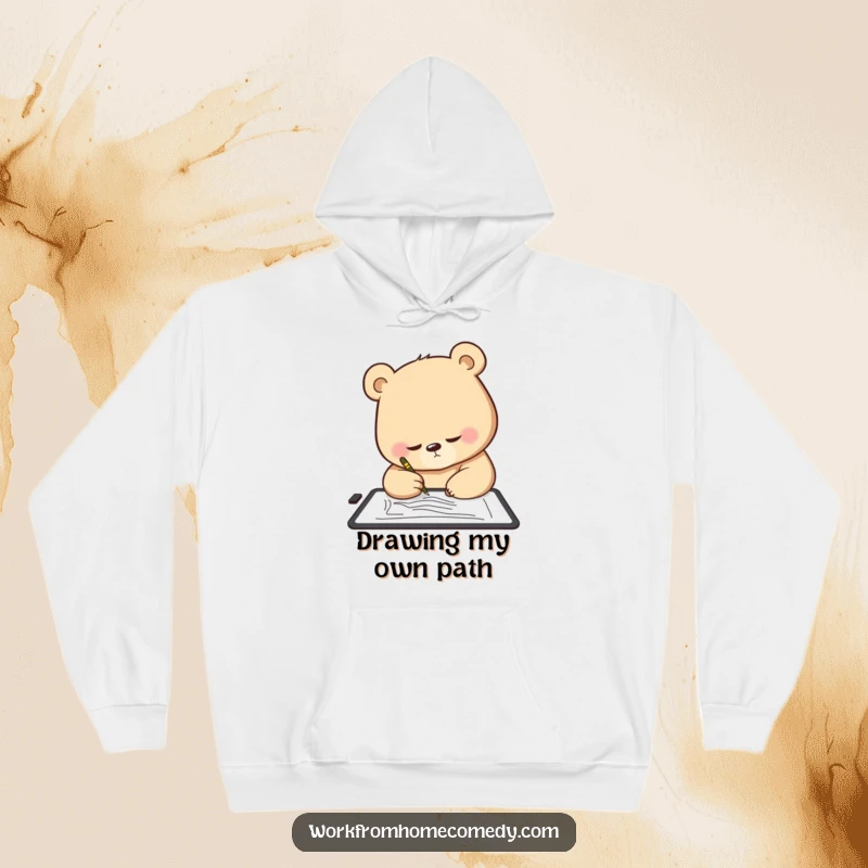 Funny Bear Hoodie: A determined bear intently sketches on a digital tablet, showcasing artistic focus and dedication.