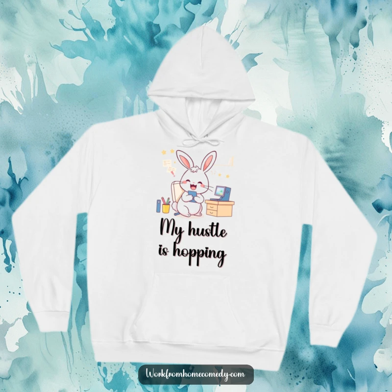 Funny Rabbit Hoodie: A cheerful rabbit is seen video conferencing and tidying its workspace, a humorous WFH depiction.