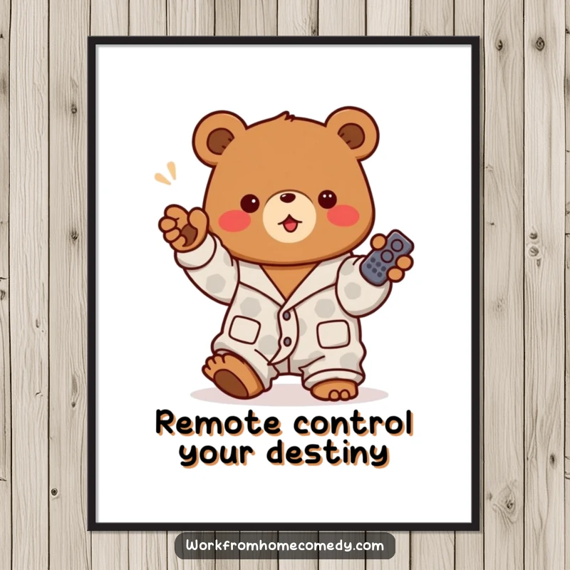 Funny Free Printable Wall Art: A determined brown bear in pajamas enthusiastically gestures with a TV remote control, embodying command and relaxation.