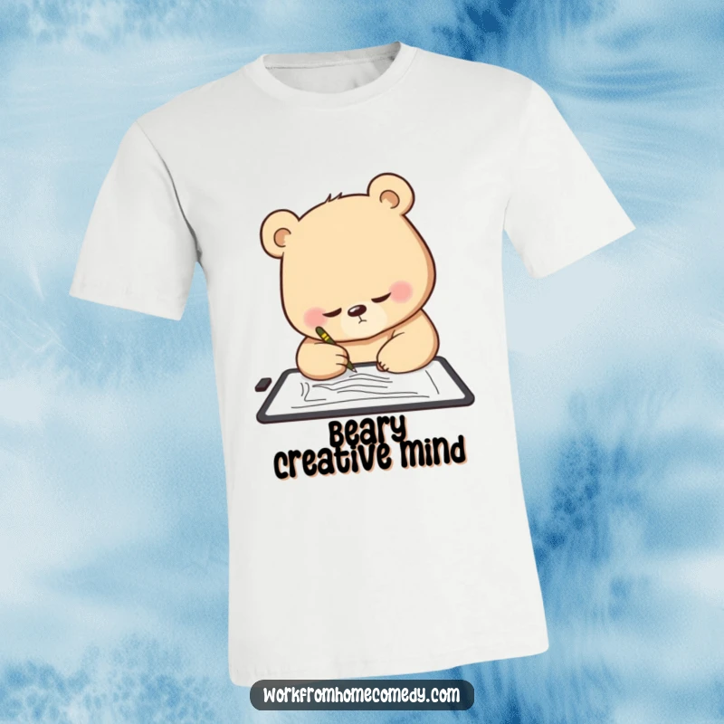 Funny Bear T-Shirt: A focused bear is intensely sketching on a digital tablet with a determined expression.