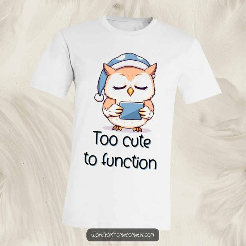 Funny sleepy owl in a nightcap holding a tablet, looking drowsy on a t-shirt, symbolizing late-night scrolling and digital fatigue.