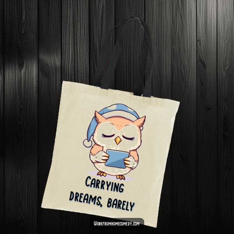 Funny owl in a nightcap nodding off while holding a tablet on a tote bag, ready to carry digital life and sleepy vibes.
